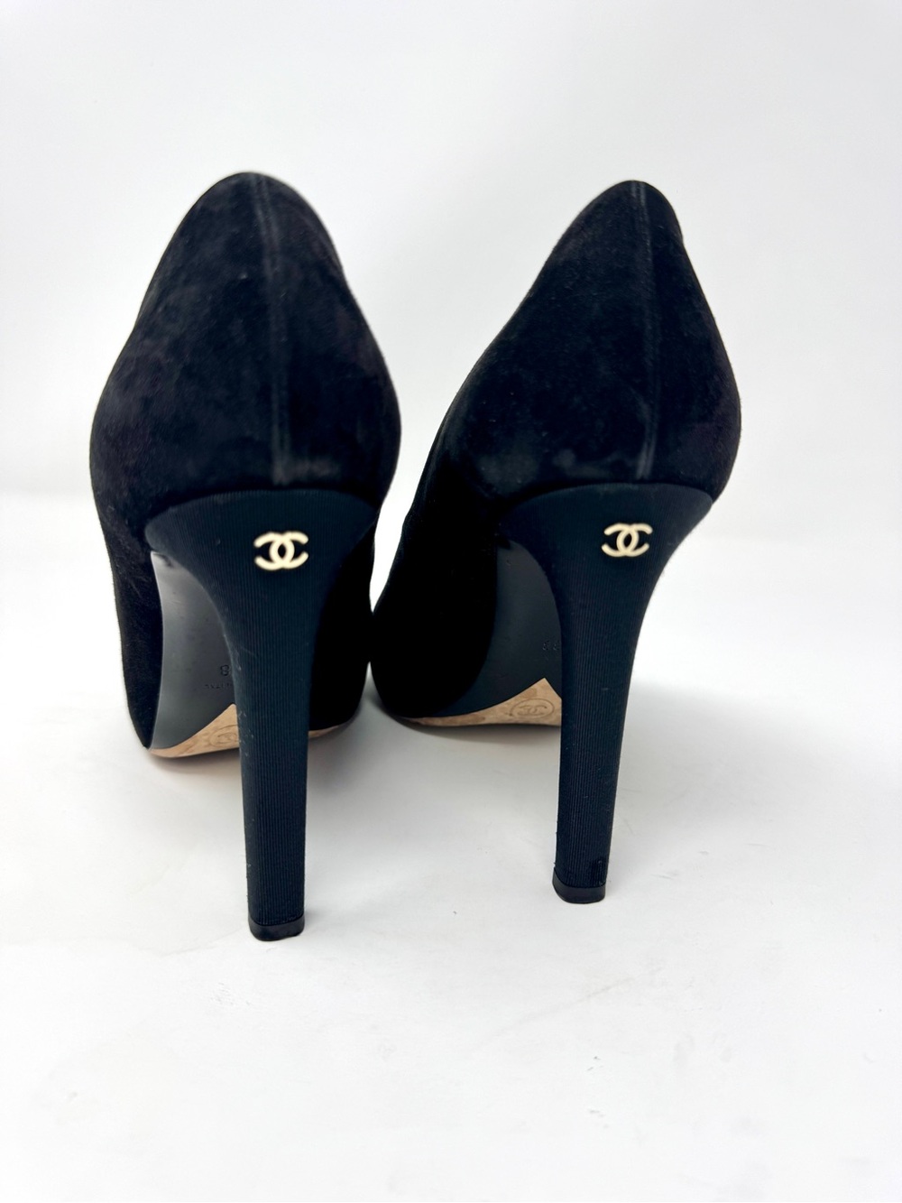 Chanel Black Suede Classic Round Tow High Heel Pumps CC Logo on Back Heel
